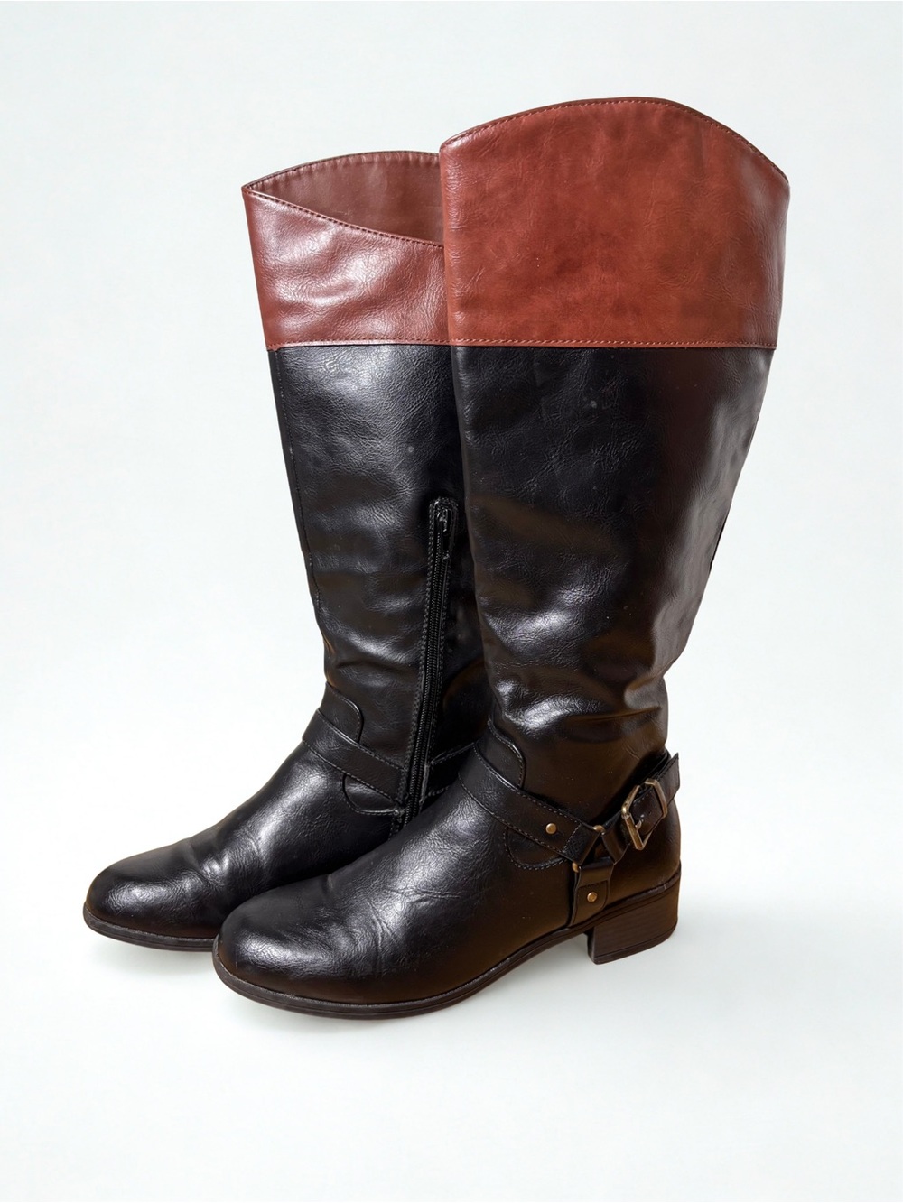 Vtg Y2K Rampage Faux Leather Two Toned Buckle Riding Boots
